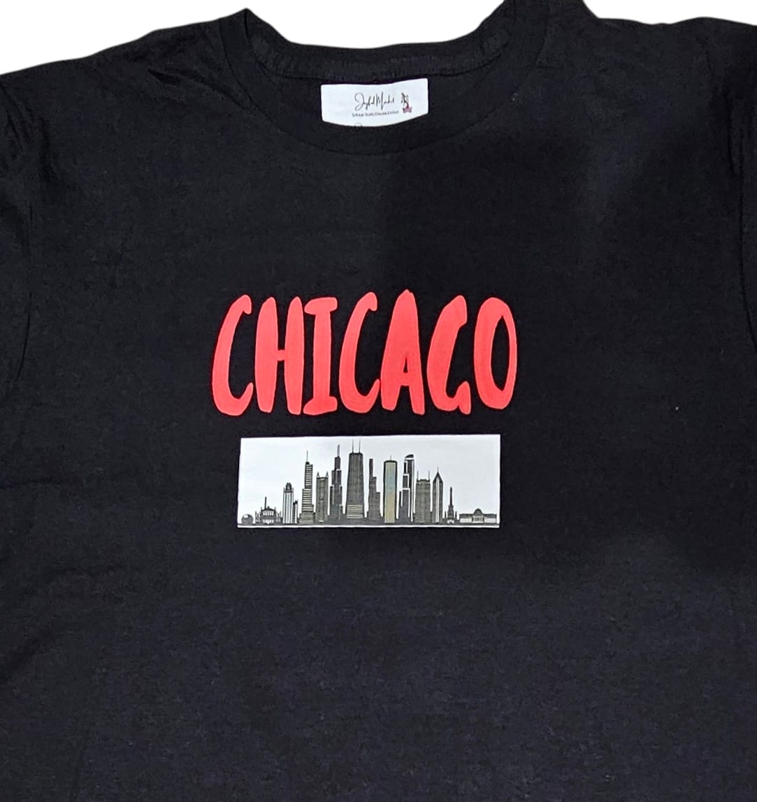 Chicago T-Shirt with a red puff print a unique textured and the beautiful skyline.