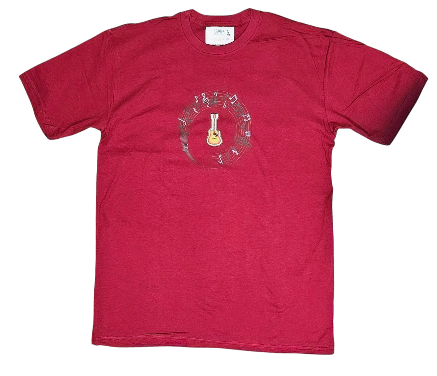 Love music T-Shirt with musical notes and an embroidery guitar patch is loose fit.