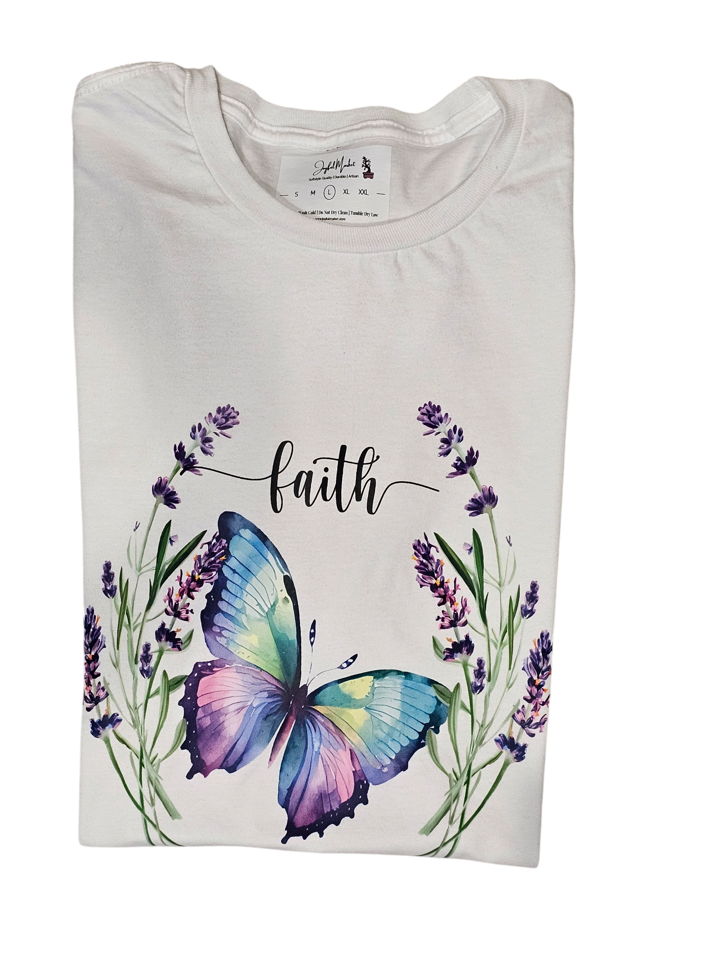 A Faith and Butterfly T Shirt Featuring Vibrant Colors with a unique featuring intricate stitching details, adding a touch of texture to a classic design.