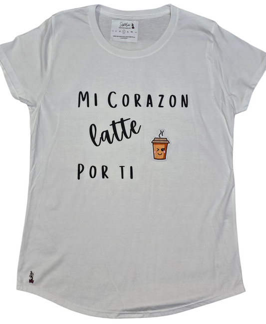 'Mi corazon Latte por ti" Short-sleeve, soft syle t-shirt with a cute embroidered coffee cup patch.