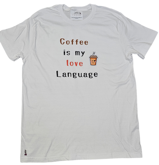 "Coffee is my love Language" loose fit t-shirt with a unique twist of a embroidered coffee cup patch.