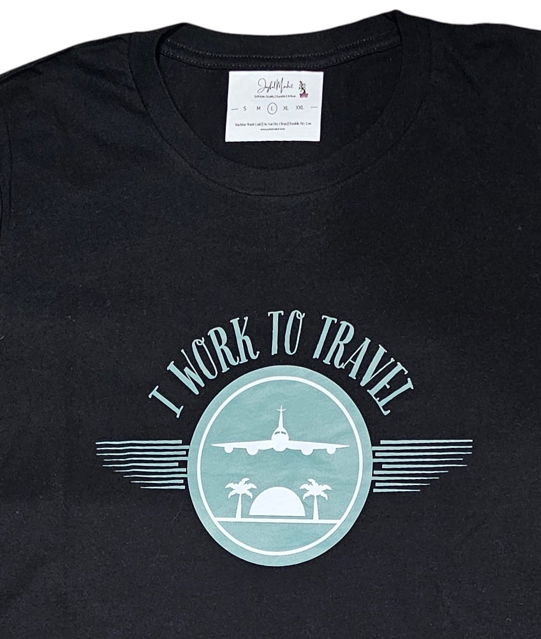 "I work to travel" black loose fit t-shit with a unique shirt featuring intricate stitching details, adding a touch of texture to a classic design."