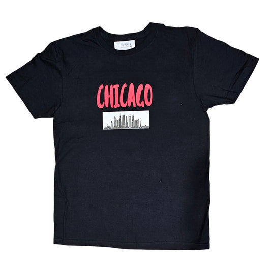 Chicago T-Shirt with a red puff print a unique textured and the beautiful skyline.