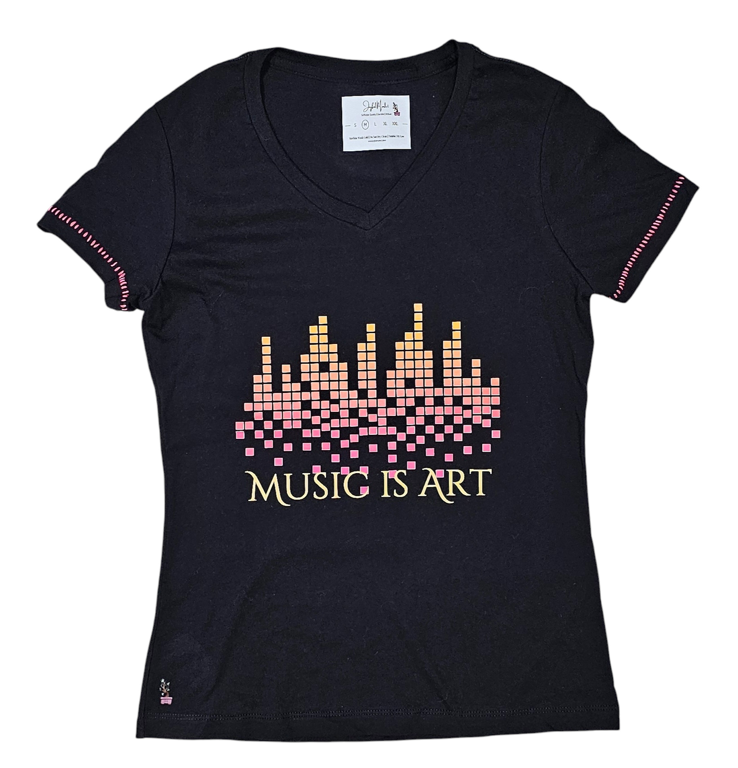 "Music is Art" fitted t-shit with a unique shirt featuring intricate stitching details, adding a touch of texture to a classic design."