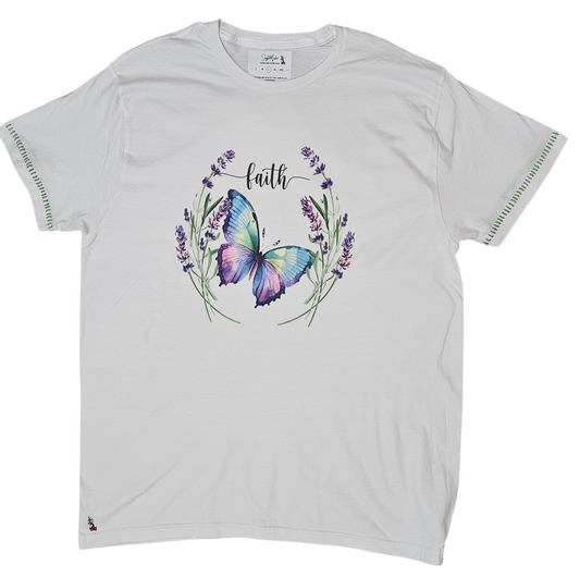 A Faith and Butterfly T Shirt Featuring Vibrant Colors with a unique featuring intricate stitching details, adding a touch of texture to a classic design.