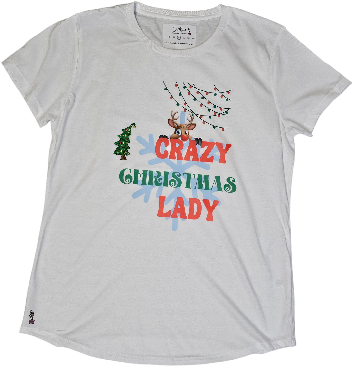 Christmas enthusiast, the "Crazy Christmas Lady T-shirt adorned with a embroidered patch of a xmas tree.