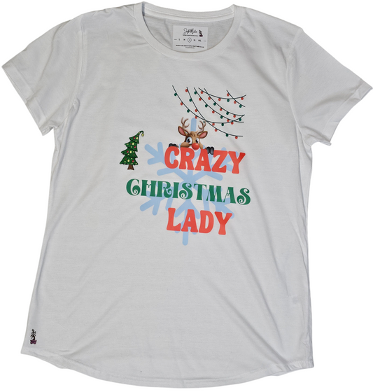 Christmas enthusiast, the "Crazy Christmas Lady T-shirt adorned with a embroidered patch of a xmas tree.