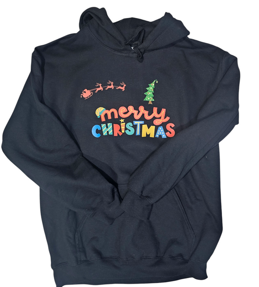 Merry Christmas Hoodie, soft material featuring an embroidered xmas tree patch is the perfect blend.